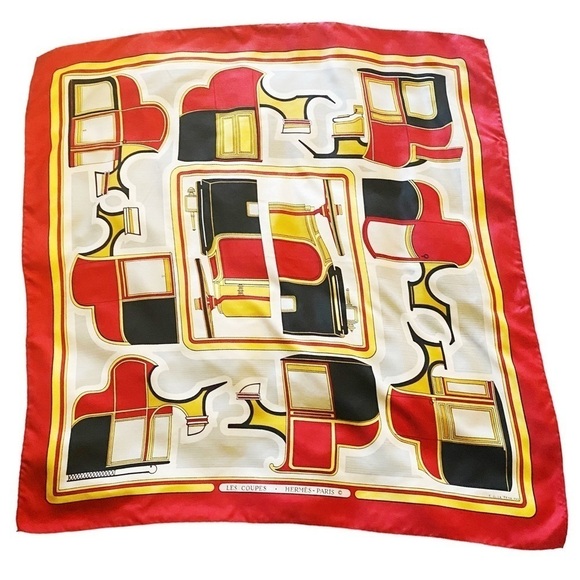 Vintage HERMES Les Coupes Scarf in red by Francoise de la Perriere 70s - Picture 1 of 13